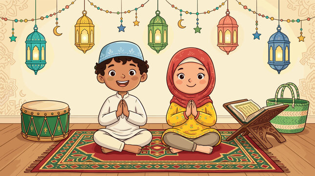 Cute Cartoon Muslim Boy and Girl Sitting on Prayer Rug Celebrating Eid Mubarak Vector Illustration with Ramadan Lanterns and Quran Background [1]