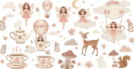 Fototapeta premium Whimsical illustration of fairytale elements including girls deer mushrooms and teacups in soft pastel colors on a white background