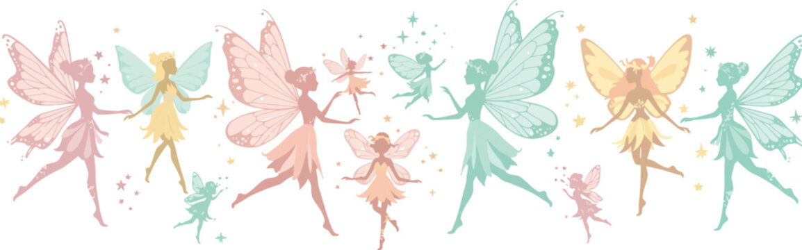 A group of colorful dancing fairies in various poses on white background in pastel hues of pink green yellow and orange tones