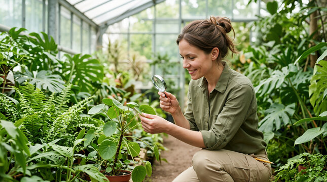 Female botanist examining a plant leaf with a magnifying glass in a greenhouse. Professional woman working in horticulture and plant science. Ecology and biology research concept