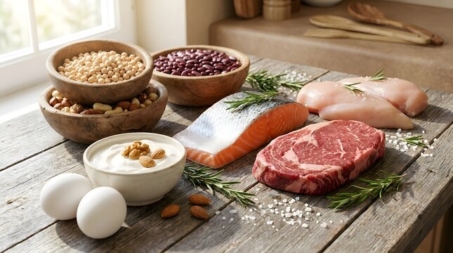 Rustic arrangement of high protein raw food items featuring salmon fillet, beef steak, chicken breast, fresh eggs, and legumes garnished with rosemary and salt on a weathered wooden table surface