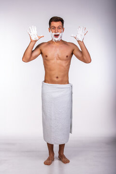 Funny man shaving with foam.