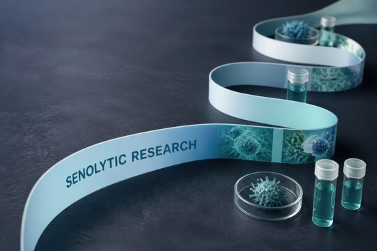 Senolytic research concept with lab vials petri dish and microscopic cells on blue ribbon