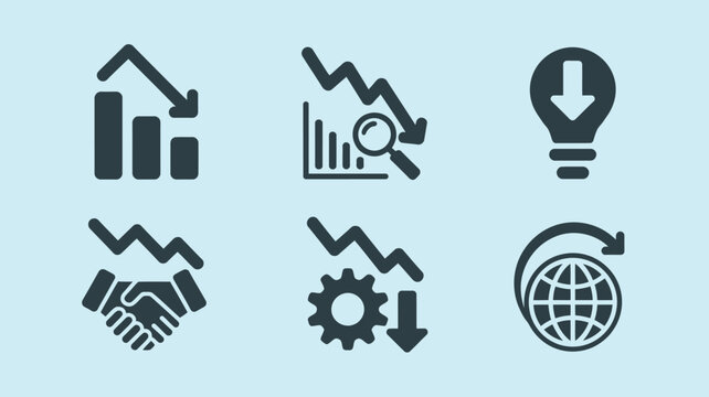 Economic recession icons set, financial crisis and market crash symbols, 6 business failure vector elements for data visualization and reports