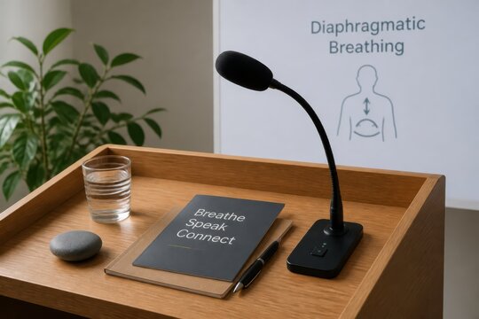 Public speaking calm practice setup with microphone notebook and diaphragmatic breathing poster