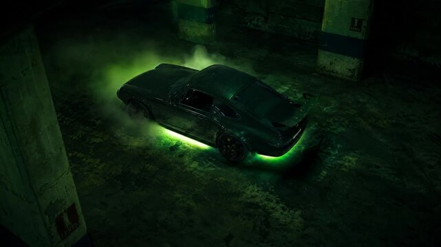 Tuned sports car with green underglow in dark garage