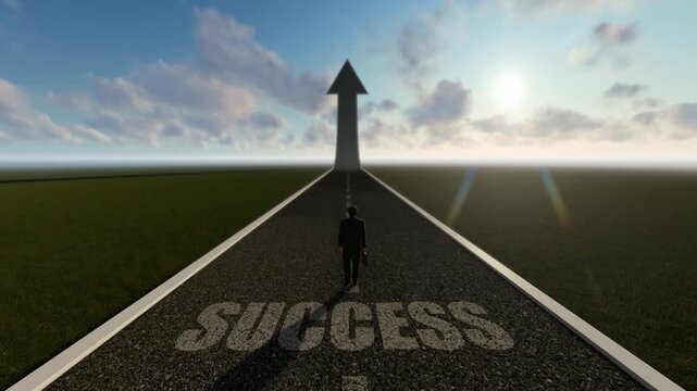 Businessman walking on a road towards a giant arrow sign representing success and professional career advancement goal