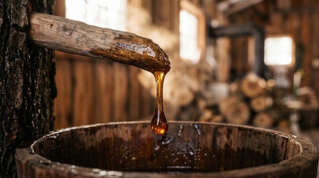 Close-up of golden maple syrup dripping from a traditional wooden tap into a bucket in a rustic sugar shack