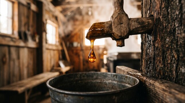 Close-up of a drop of maple syrup dripping from a wooden spigot into a metal bucket in a rustic sugar house