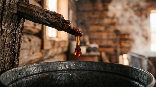 Close-up of golden amber maple syrup dripping from a rustic wooden tap into a metal bucket in a sugar shack
