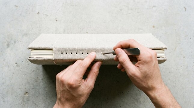 Top view of artisan hands using a metal awl to pierce holes in the linen fabric spine of a handmade book during the traditional bookbinding process.