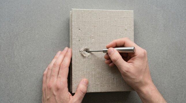 Hands of a person using a metal awl to pierce a hole into a linen-covered book for bookbinding
