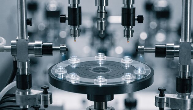 Closeup medium shot of a pelliclecovered photomask being examined for contamination and structural defects with highresolution instruments during optical quality control.