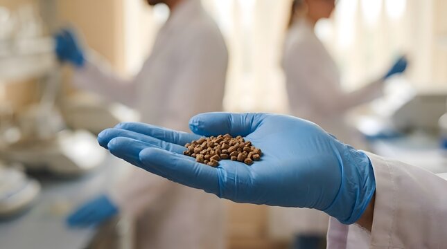 Close-up of a hand in blue nitrile gloves holding brown dry pet food pellets in a professional laboratory setting with scientists in white coats working in the blurred background
