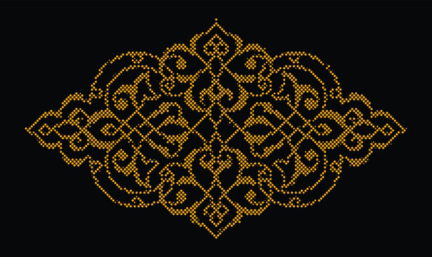 Golden ornamental pattern with many small dots on a black background, decorative motif.