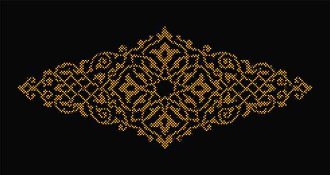 Gold ornamental mandala element with halftone dot pattern on black background for branding.