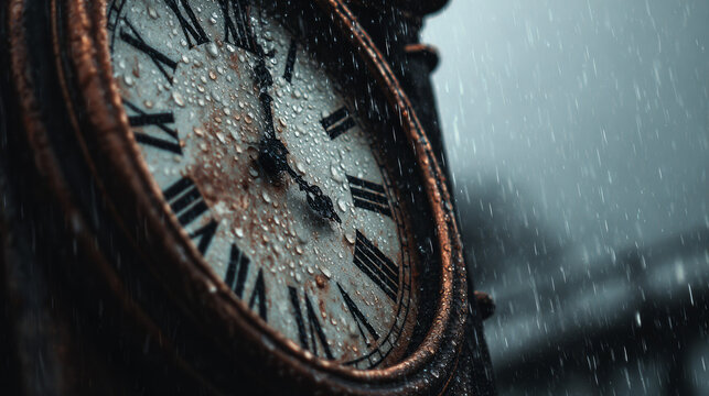 A clock ticking under the rain