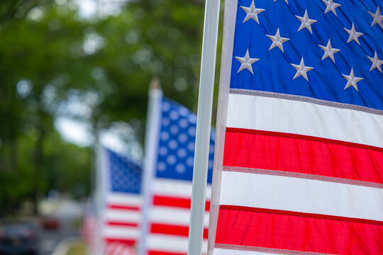 Close Up of United States Flags with Copy Space for Patriotic National Holidays