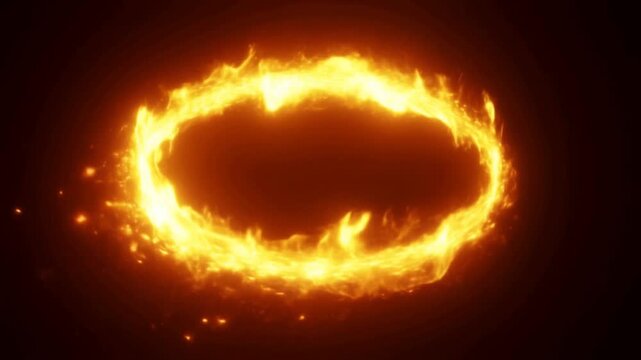 Slow motion tracking shot of burning ring of fire rotating and flickering over dark studio background
