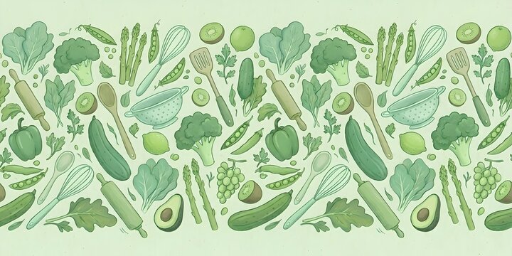 Horizontal border illustration of green vegetables and kitchen tools featuring broccoli avocado and rolling pins on a light green background for food menu frames and culinary web banners