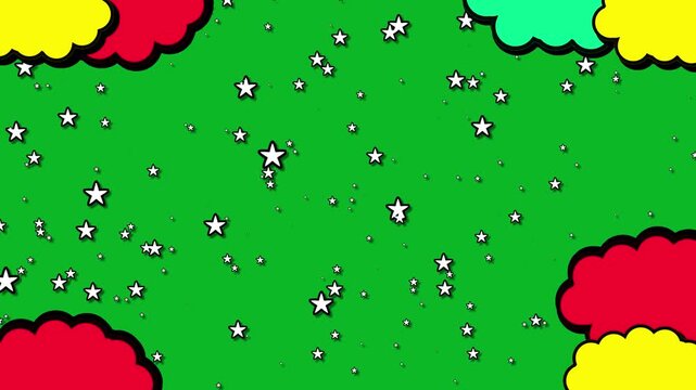 Vibrant Comic Book Style Pop Art Animation With Twinkling White Stars And Colorful Scalloped Cloud Borders On A Bright Green Screen. Featuring Red, Yellow, And Cyan Clouds In The Corners, This Retro 