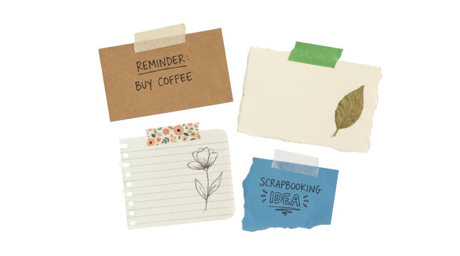 Collection of scrapbook paper notes with handwritten reminder and leaf attached with colorful tape isolated on transparent background, concept of creative daily journaling