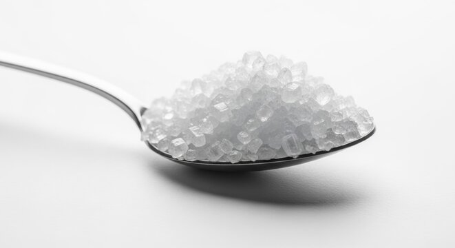 Teaspoon filled with white sugar crystals. Close-up of refined granulated sweetener on metal cutlery. Ingredient for cooking, baking and beverage preparation. Sweet food industry concept.