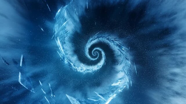 Aerial slow motion tracking pan of icy spiral vortex swirling through cloudy night sky and atmosphere with floating ice shards