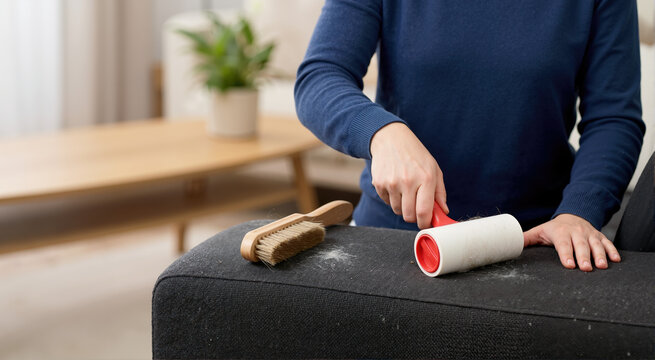 Person using a sticky lint roller to clean a dark grey fabric sofa. Household chores and furniture maintenance. Wooden brush resting on couch