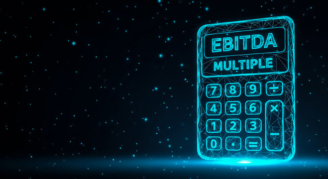 Futuristic neon-glowing calculator displaying 'EBITDA MULTIPLE' on a dark starry background, symbolizing financial analysis.
