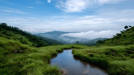 Fototapeta premium An expansive view of rolling green hills shrouded in morning mist and blue sky