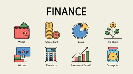 Obraz premium Finance icon set with 8 flat line vector elements, banking and investment symbols, money management and savings jar graphics for business apps