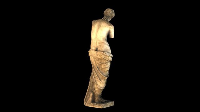 Rotating view of the Venus de Milo marble statue against a black background for art and historical appreciation.