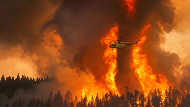Firefighting helicopter flying near massive fire tornado in coniferous forest. Emergency response during catastrophic wildfire. Panning camera movement.