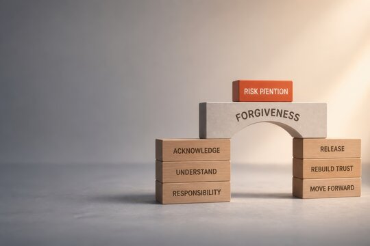 Forgiveness and trust rebuilding concept with wooden blocks forming an arch on a neutral background
