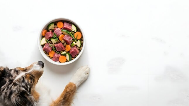 Top view of a hungry dog with paw reaching toward a white bowl containing a healthy mix of raw meat cubes, sliced carrots, zucchini and dry kibble on white