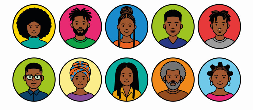 Diverse Black people avatar icon set. African American men and women portraits. Flat vector illustration