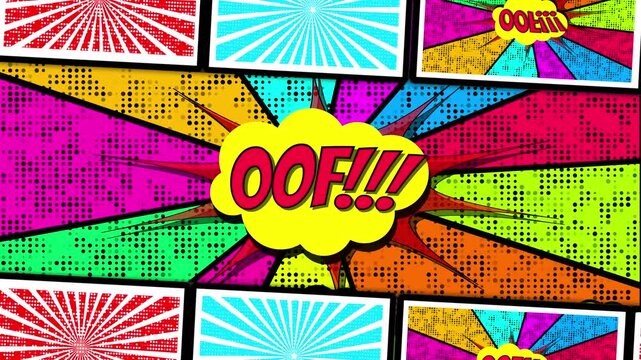 Vibrant Comic Book Style Animation Featuring The Word Oof In A Bright Yellow Speech Bubble. Multi-colored Panels With Halftone Dots And Sunburst Effects Create A Dynamic Pop Art Background. High