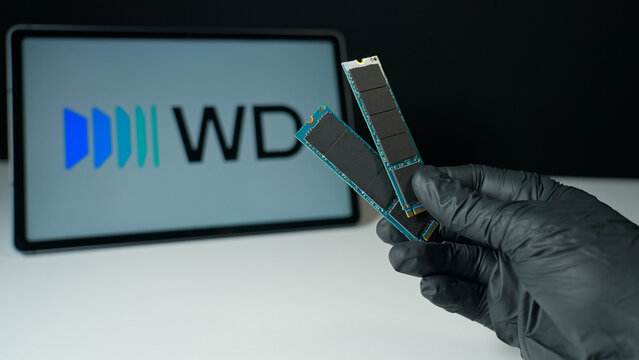 Western Digital background, display of the internal SSD Solid Stat Drive for computers and cloud data storage. WD world's largest manufacturers of HDD and SSD: Toronto, Ontario, Canada - May 9, 2026