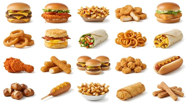 Assortment of popular fast food dishes featuring burgers, fried chicken, onion rings, spring rolls, and churros, presented in a grid format isolated on a white background