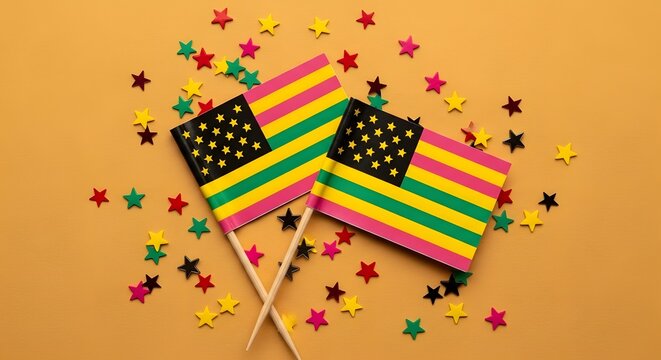 Juneteenth freedom day celebration with liberian flags and colorful stars