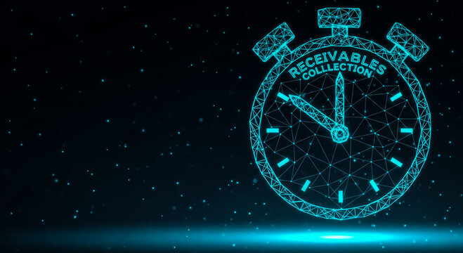 A glowing stopwatch with 'RECEIVABLES COLLECTION' text on a dark, starry background, symbolizing timely financial management.