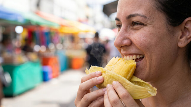 Pamonha - Woman Enjoying Steaming Sweet Pamonha at Street Market with Copy Space