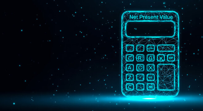 A sleek, modern NPV calculator illustrated in a glowing neon style against a dark, starry background. Perfect for finance and technology themes.