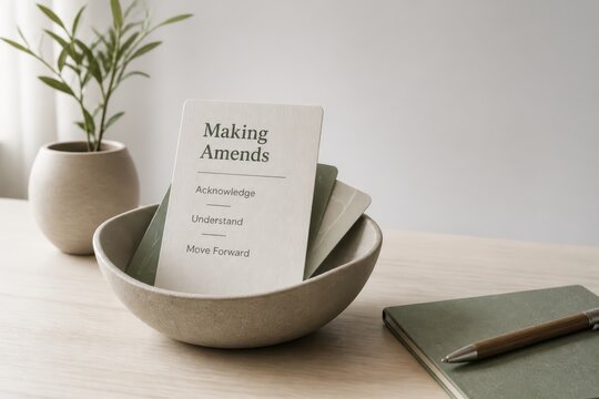 Making amends concept card in a desk bowl with notebook pen and plant for communication planning and workplace reconciliation
