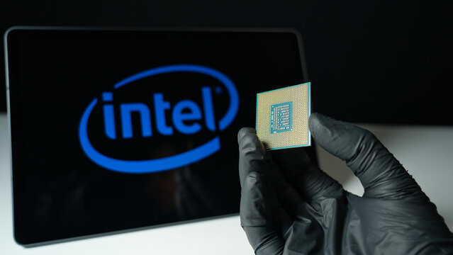 Intel Corporation background display, leading global designer and manufacturer of semiconductor products and microprocessors CPU and collaborating on AI boom: Toronto, Ontario, Canada - May 9, 2026