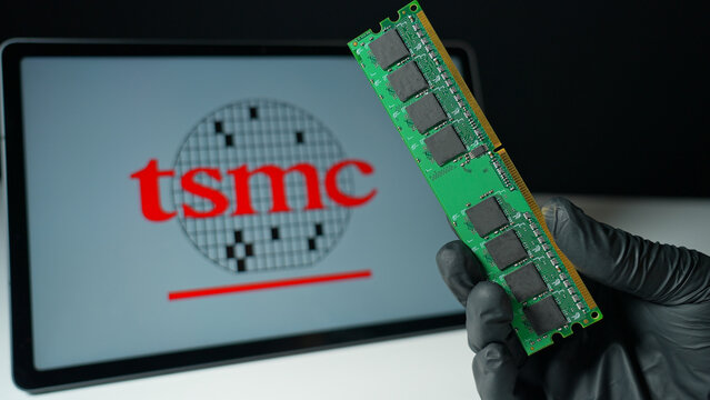 TSMC Taiwan Semiconductor Manufacturing Company display. World&rsquo;s largest semiconductor manufacturer. Produces advanced silicon used by tech Nvidia, Apple, AMD : Toronto, Ontario, Canada - May 9, 2026