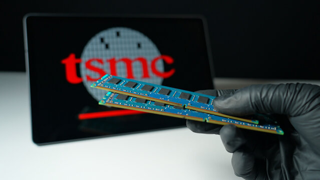 TSMC Taiwan Semiconductor Manufacturing Company display. World&rsquo;s largest semiconductor manufacturer. Produces advanced silicon used by tech Nvidia, Apple, AMD : Toronto, Ontario, Canada - May 9, 2026