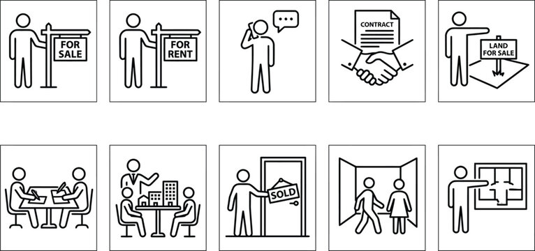 Real estate business icon set, 10 property sales and rental line icons, professional realtor and contract agreement vector symbols for housing market