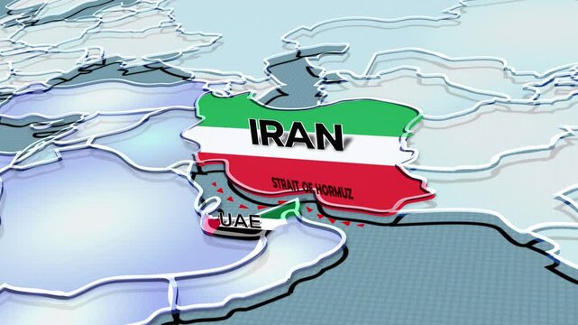 A 3D world map highlights UAE, and Iran, the Middle East, IRAN map, UAE map, UAE FLAG, UAE MAP, 